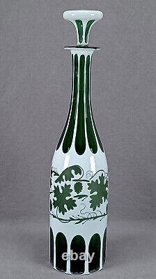 Bohemian Cased White Opaline Cut to Green Grapevine Decanter Circa 1860-1880s A