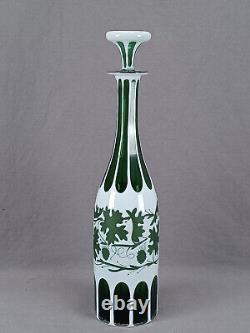 Bohemian Cased White Opaline Cut to Green Grapevine Decanter Circa 1860-1880s A