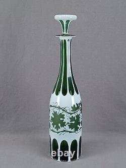 Bohemian Cased White Opaline Cut to Green Grapevine Decanter Circa 1860-1880s A