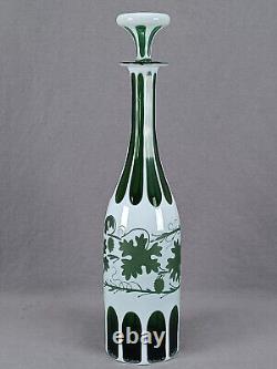 Bohemian Cased White Opaline Cut to Green Grapevine Decanter Circa 1860-1880s A