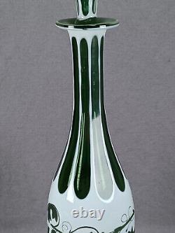 Bohemian Cased White Opaline Cut to Green Grapevine Decanter Circa 1860-1880s A