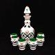 Bohemian Cased White To Green Cut Glass Overlay Decanter Set + 6 Cordial / Shots