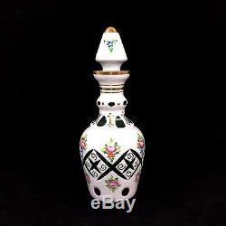 Bohemian Cased White to Green Cut Glass Overlay Decanter Set + 6 Cordial / Shots