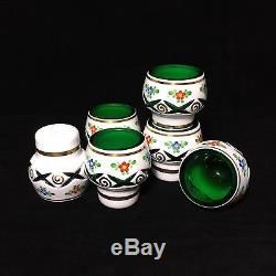 Bohemian Cased White to Green Cut Glass Overlay Decanter Set + 6 Cordial / Shots