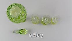Bohemian Chartreuse Cut to Clear Cordial Decanter and 3 Cordial Glasses