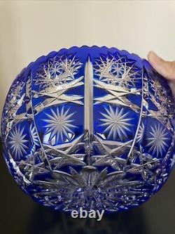 Bohemian Cobalt Blue Cut To Clear Queens Lace Crystal Center Piece Bowl
