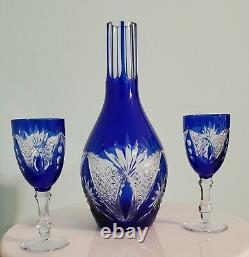 Bohemian Cobalt Blue Cut-to-Clear Crystal Decanter 9.25 & 2 Wine Glasses 5.25