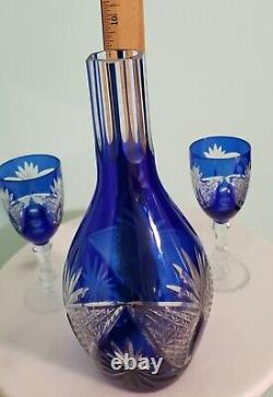 Bohemian Cobalt Blue Cut-to-Clear Crystal Decanter 9.25 & 2 Wine Glasses 5.25