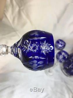Bohemian Cobalt Blue Cut to Clear DECANTER and 6 CORDIAL STEMS