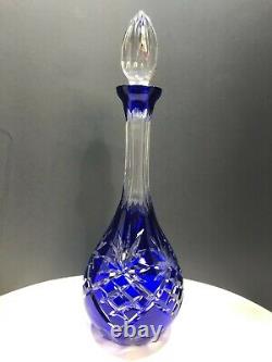 Bohemian Cobalt Blue Cut to Clear Large Crystal Decanter 15.5 inches T