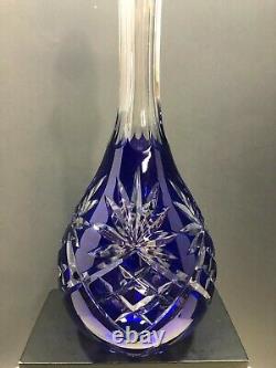 Bohemian Cobalt Blue Cut to Clear Large Crystal Decanter 15.5 inches T