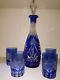 Bohemian Cobalt Blue Lead Crystal Decanter With Four Engraved Tumblers