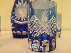 Bohemian Cobalt Blue Lead Crystal Decanter with Four Engraved Tumblers