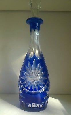 Bohemian Cobalt Blue Lead Crystal Decanter with Four Engraved Tumblers