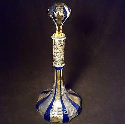 Bohemian Crystal Decanter With Silver Mounts Blue & Yellow Etched Cut To Clear