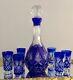 Bohemian Crystal Liquor Decanter Set-cobalt Blue Cut-to-clear With (6)glasses