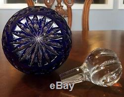 Bohemian Crystal Liquor Decanter Set-Cobalt Blue Cut-to-Clear With (6)Glasses