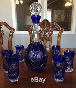Bohemian Crystal Liquor Decanter Set-Cobalt Blue Cut-to-Clear With (6)Glasses