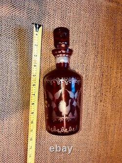 Bohemian Crystal Ruby red cut to clear decanter antique vtg many pics! Rare