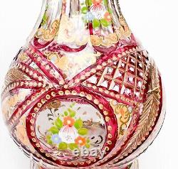 Bohemian Cut Glass & Enamel Vase for the Persian Market Red & Florals