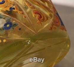 Bohemian Cut Uranium Glass Decanter Hand Painted RARE! Czech Piece