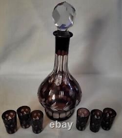 Bohemian Cut to Clear Amethyst Crystal Glass Decanter Bottle w Stopper/6 Glasses