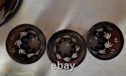 Bohemian Cut to Clear Amethyst Crystal Glass Decanter Bottle w Stopper/6 Glasses