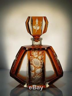 Bohemian Czech Art Deco Amber hand cut to clear glass decanter and 3 glasses
