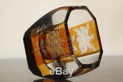 Bohemian Czech Art Deco Amber hand cut to clear glass decanter and 3 glasses