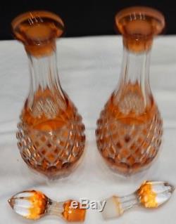 Bohemian Czech Art Glass Orange Crystal Cut to Clear VODKA LIQUOR DECANTERS