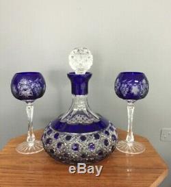 Bohemian Czech COBALT BLUE CRYSTAL CUT TO CLEAR SHIPS DECANTER STOPPER GLASSES