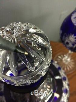 Bohemian Czech COBALT BLUE CRYSTAL CUT TO CLEAR SHIPS DECANTER STOPPER GLASSES