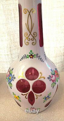 Bohemian Czech Cased Glass White Cut To Cranberry Red Decanter 15 Nice Colors