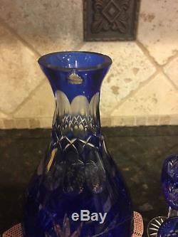 Bohemian Czech Cobalt Blue Crystal Cut to Clear Decanter and Cordial Set