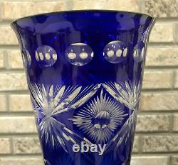Bohemian Czech Cobalt Blue Cut to Clear Vase Large 16 Tall