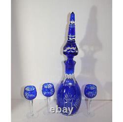 Bohemian Czech Cobalt Blue Decanter Set Four Stemware Cut Glass Cordial Glasses