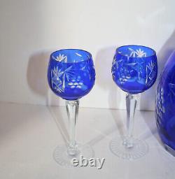Bohemian Czech Cobalt Blue Decanter Set Four Stemware Cut Glass Cordial Glasses