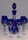 Bohemian Czech Cobalt Cut To Clear Crystal Wine Decanter & 6 Glasses