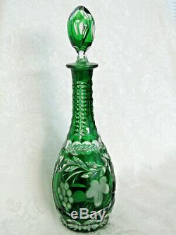 Bohemian Czech Cut to Clear Emerald Green Crystal Decanter & Stopper