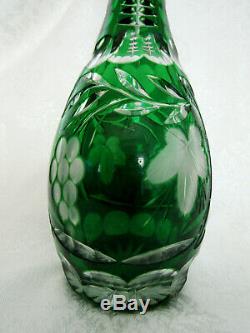 Bohemian Czech Cut to Clear Emerald Green Crystal Decanter & Stopper