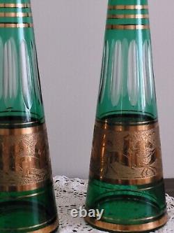 Bohemian Czech Green cut to clear Glass decanters Genie Bottles Gold Frieze
