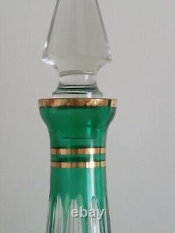 Bohemian Czech Green cut to clear Glass decanters Genie Bottles Gold Frieze