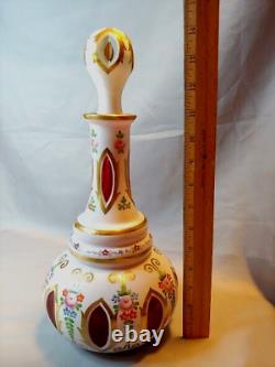 Bohemian Czech Milk Glass Cut to Ruby Decanter Huge Size 14.75 in. Antique