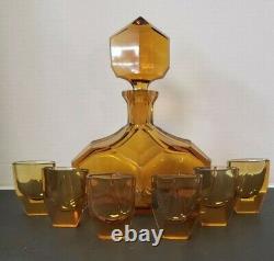 Bohemian Czech Moser Amber Decanter and Glasses