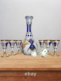 Bohemian Czech Moser Cased White Overlay Glass Cut To Blue Decanter Goblet Set