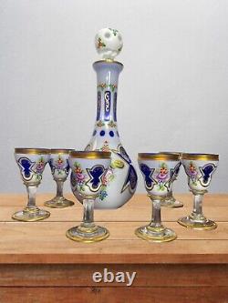Bohemian Czech Moser Cased White Overlay Glass Cut To Blue Decanter Goblet Set