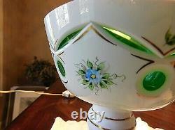 Bohemian Czech Oertel 1869 Cased Glass Cut to Green Set Lamp w 2 Lusters WOW