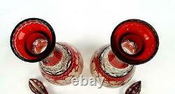 Bohemian Czech Pair (2) Antique Diamond Cut Ruby Stained 10 3/8 Decanters 1880