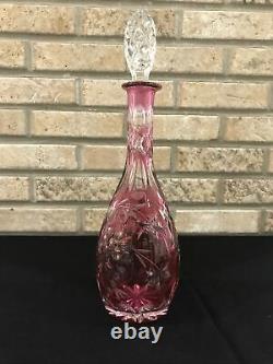Bohemian Czech Ruby Red Cranberry Cut To Clear Glass Liquor Wine Decanter 13