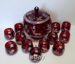 Bohemian Czech Ruby Red Cut To Clear Covered Punch Bowl 12 Cups Wild Game /Birds
